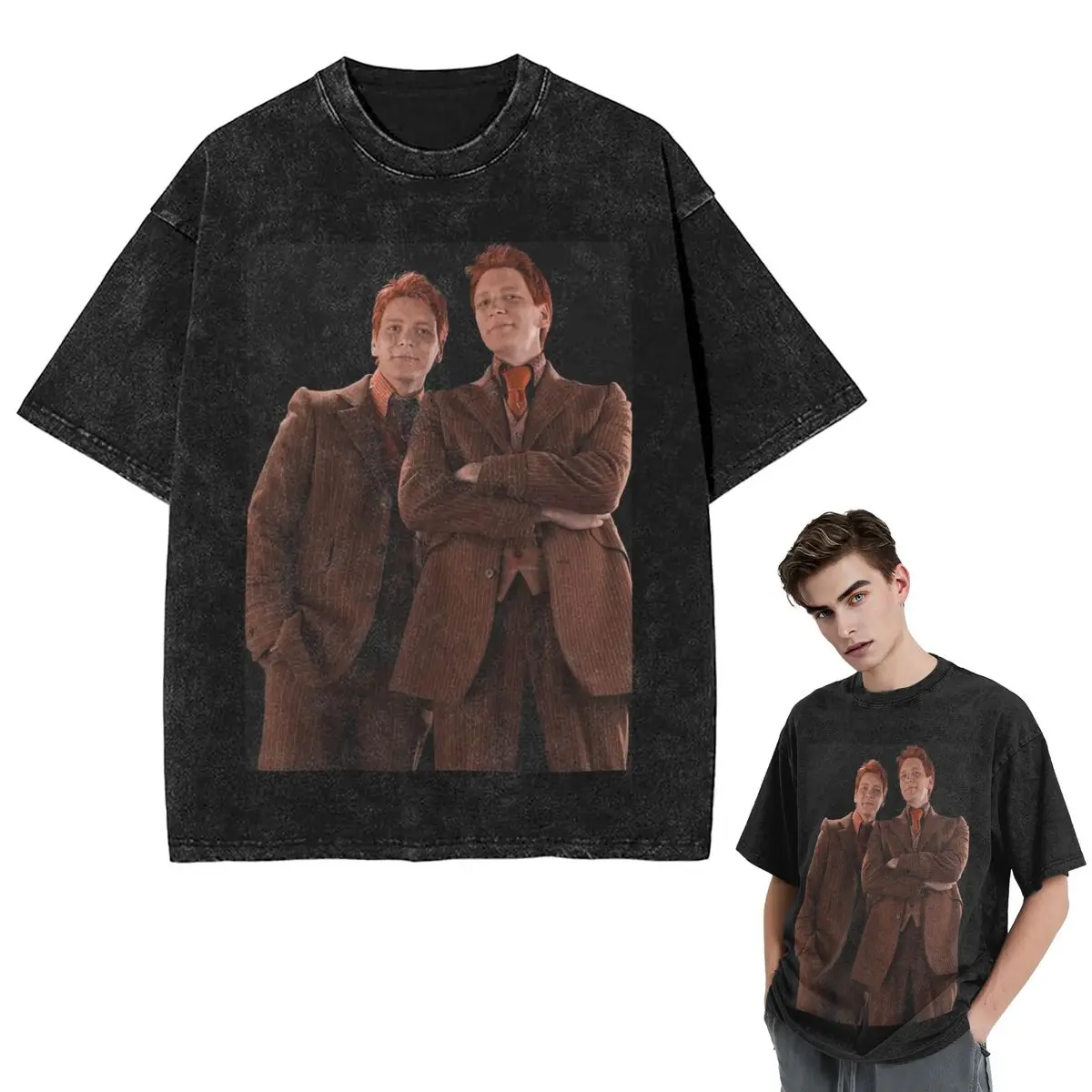 Streetwear T-Shirts Weasley Twins Printing Fashion Washed T Shirt Short Sleeve Hip Hop T-Shirt Tops Tees for Men Women