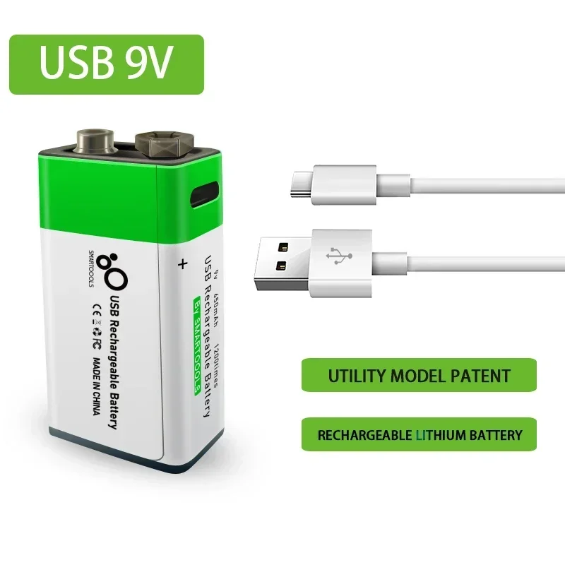 9V Lithium Ion Rechargeable Battery Type-C USB Battery 9V Multimeter Lithium Microphone Metal Detector Cable Remote