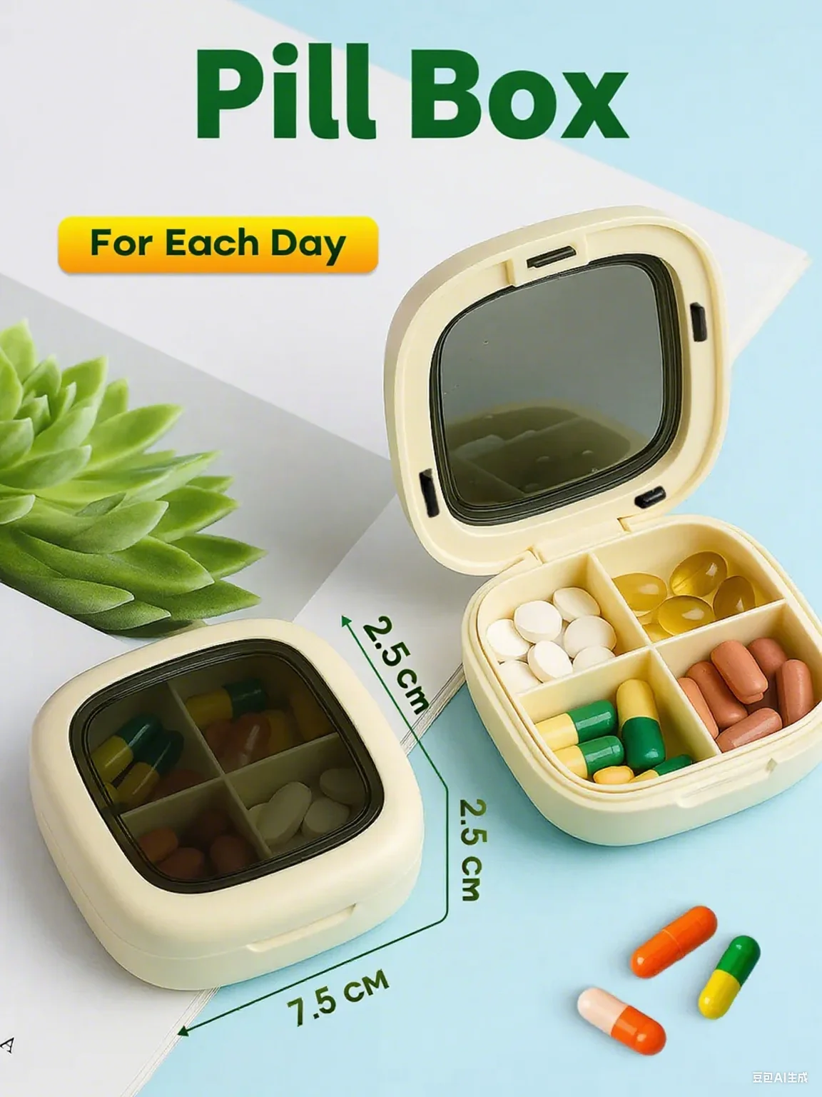 AiQUE 4 Grids Pill Box Weekly Medicine Pillbox Large Moisture-Proof Pill Storage Organizer Portable Medicine Case for Travel