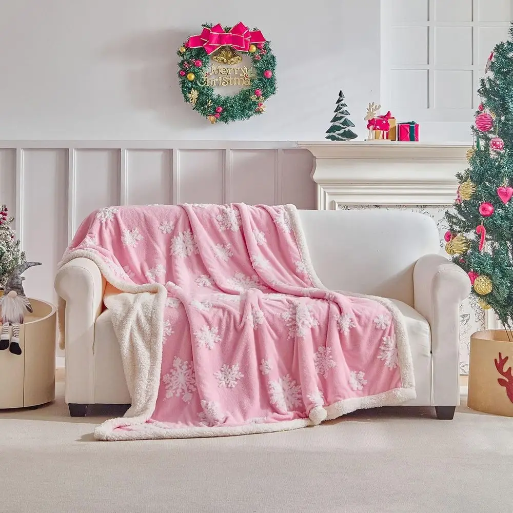 

Cozy 50x60 Pink Flannel & Sherpa Christmas Blanket with Snowflakes for Sofa & Gifting