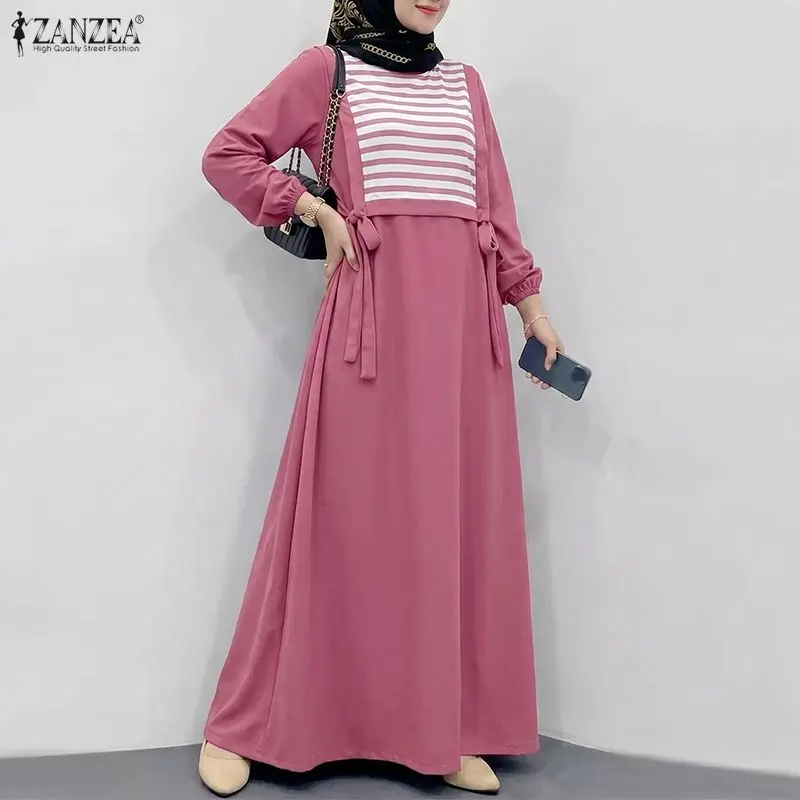 

Women Striped Patchwork Muslim Dress Abaya ZANZEA Elegant Casual O Neck Long Sleeve Sundress Maxi Long Dress Dubai Robe Kaftan