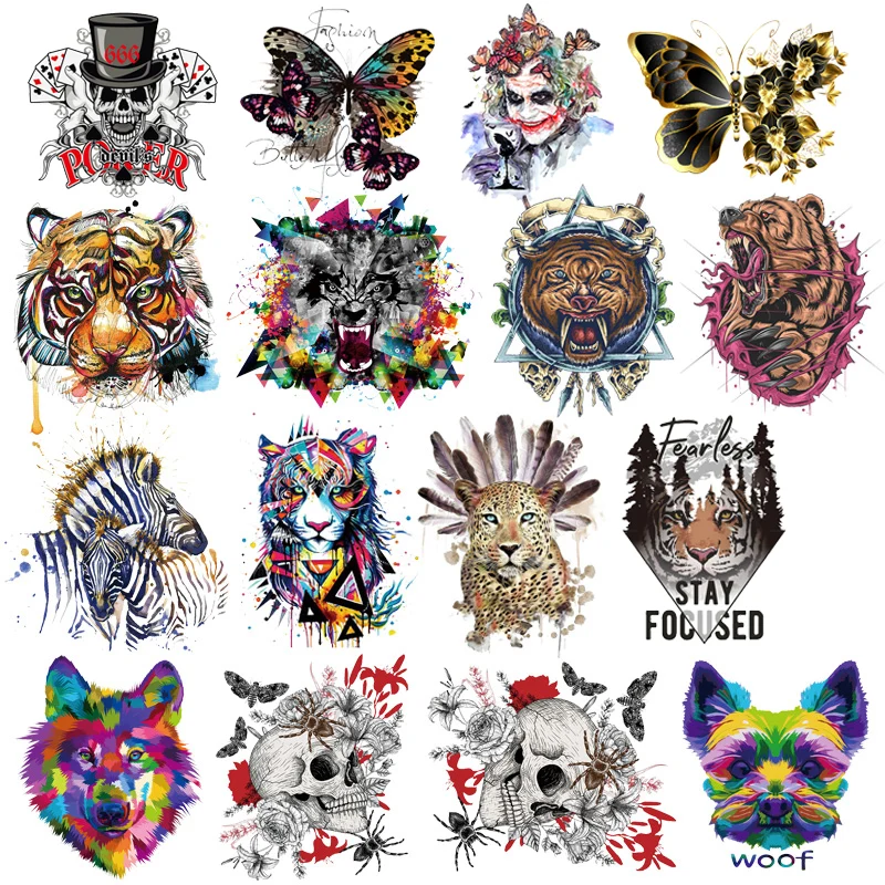 Punk Colourful Animal Heat Transfer Clothing Patch T Shirt DIY Scary Tiger Leopard Iron-On Transfers Thermal Stickers Applique