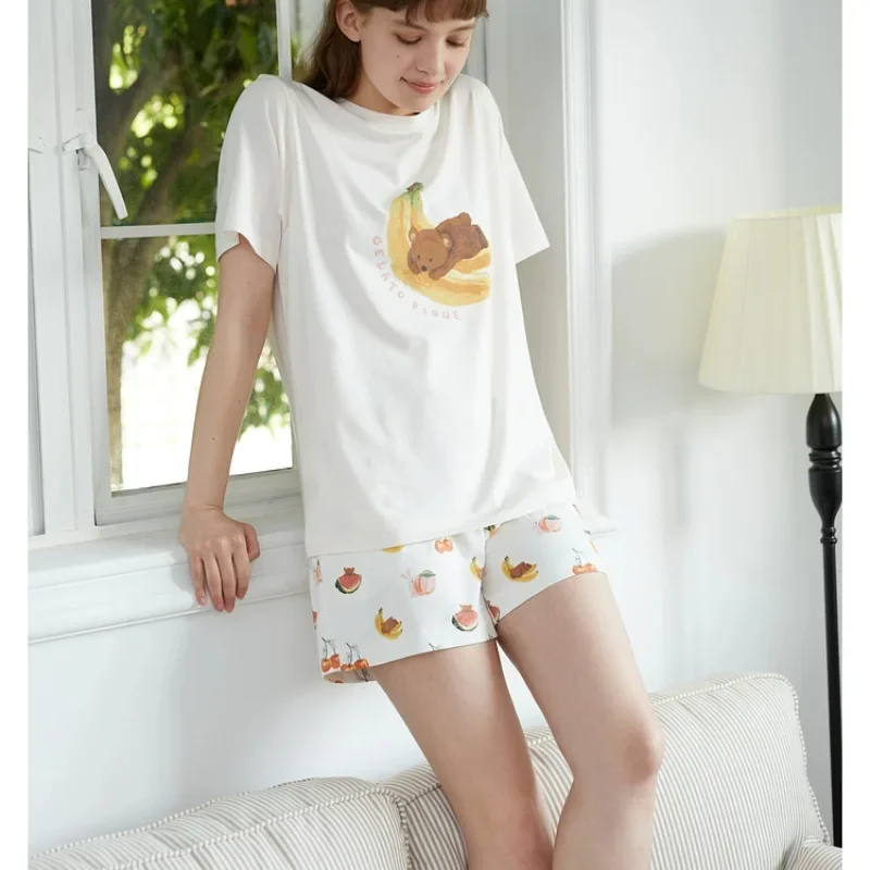 Pajamas Summer Room Wear Ladies Set T-shirt Shorts Modal