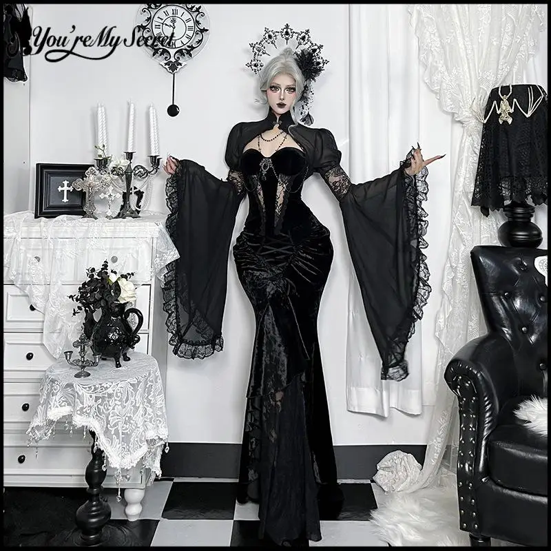 [You're My Secret] Gothic Velvet Mermaid Long Skirt Black Lace Ruffle High Waist Fishtail Skirt Halloween Witch Party Outfits - view 5