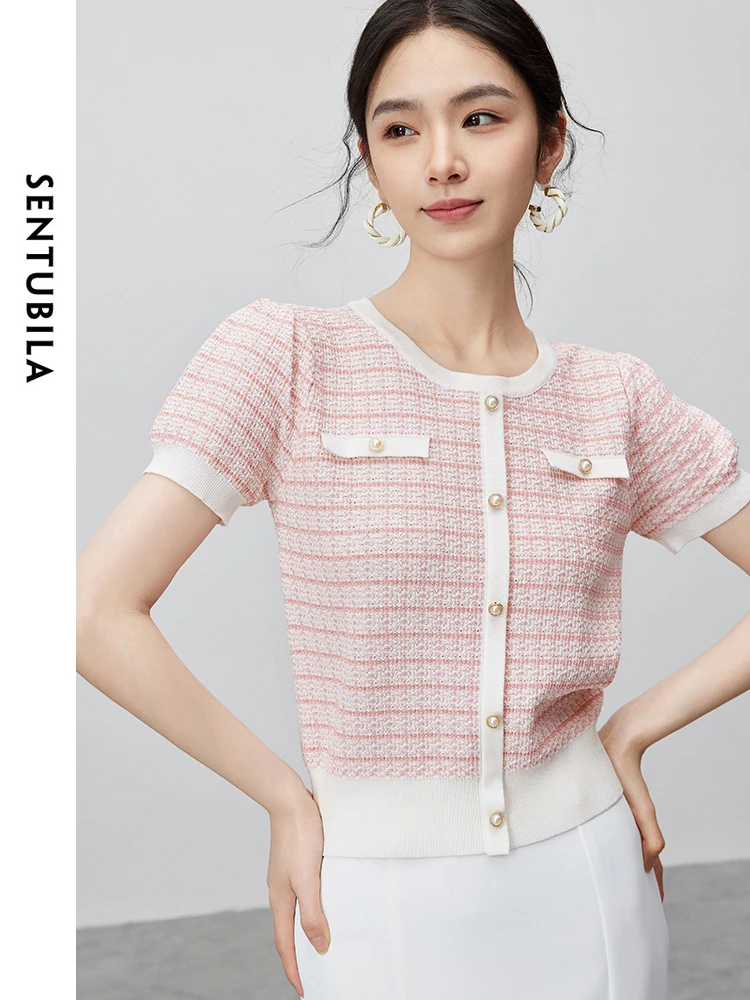 SENTUBILA Striped Tweed Knitted Pullovers 2024 Summer Simple Straight Short Sleeve Tops Commuter Elegant Woman Clothes W42H55048