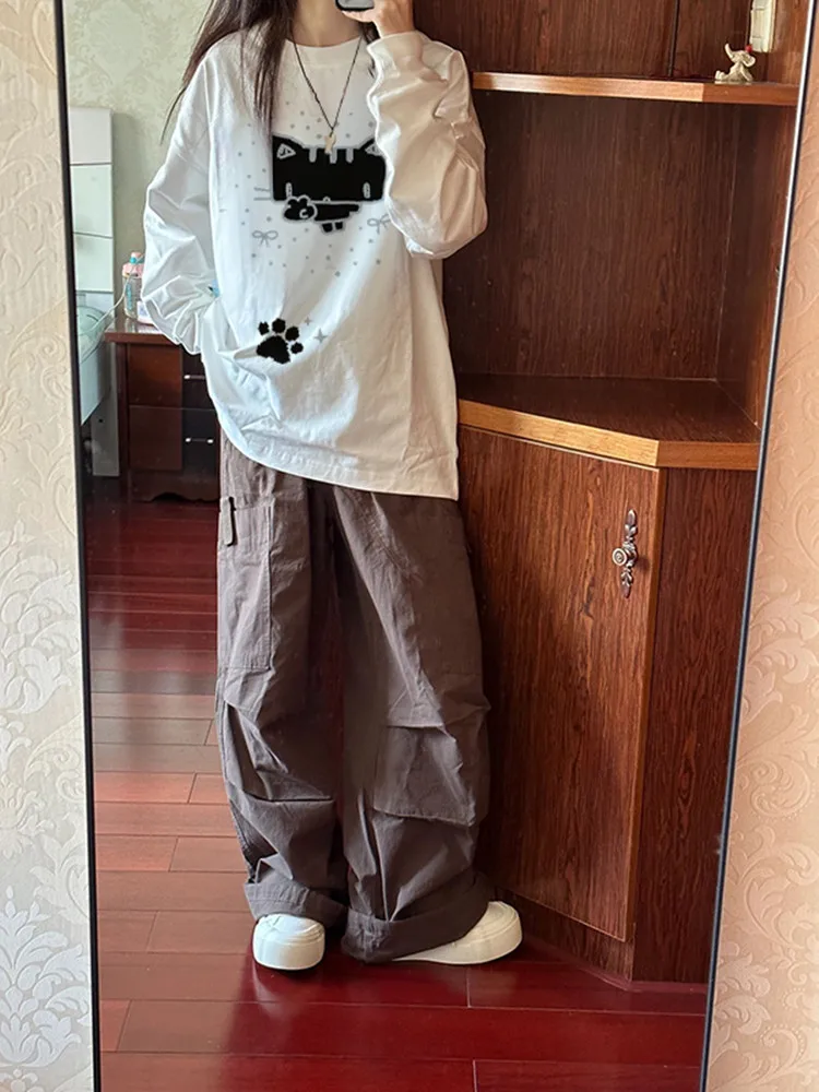 T-shirt Bianca in Puro Cotone Pesante con Stampa Cartoon Carina, Maglietta Larga da Donna per Primavera e Autunno, Top Trendy per Studentesse