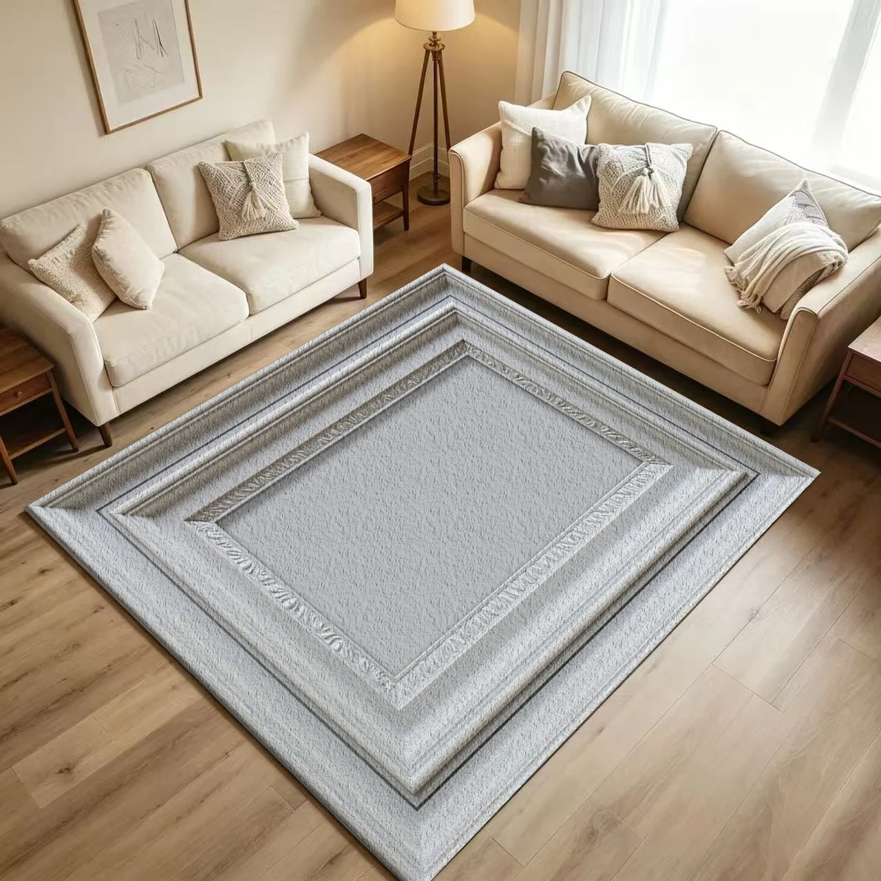 Vintage Carved Frame Style Carpet Flooring Light Grey Multi‑Layer Ornate Relief Border Texture Art Pattern Printed Floor Rug for Household Indoor Retro Style Home Decor