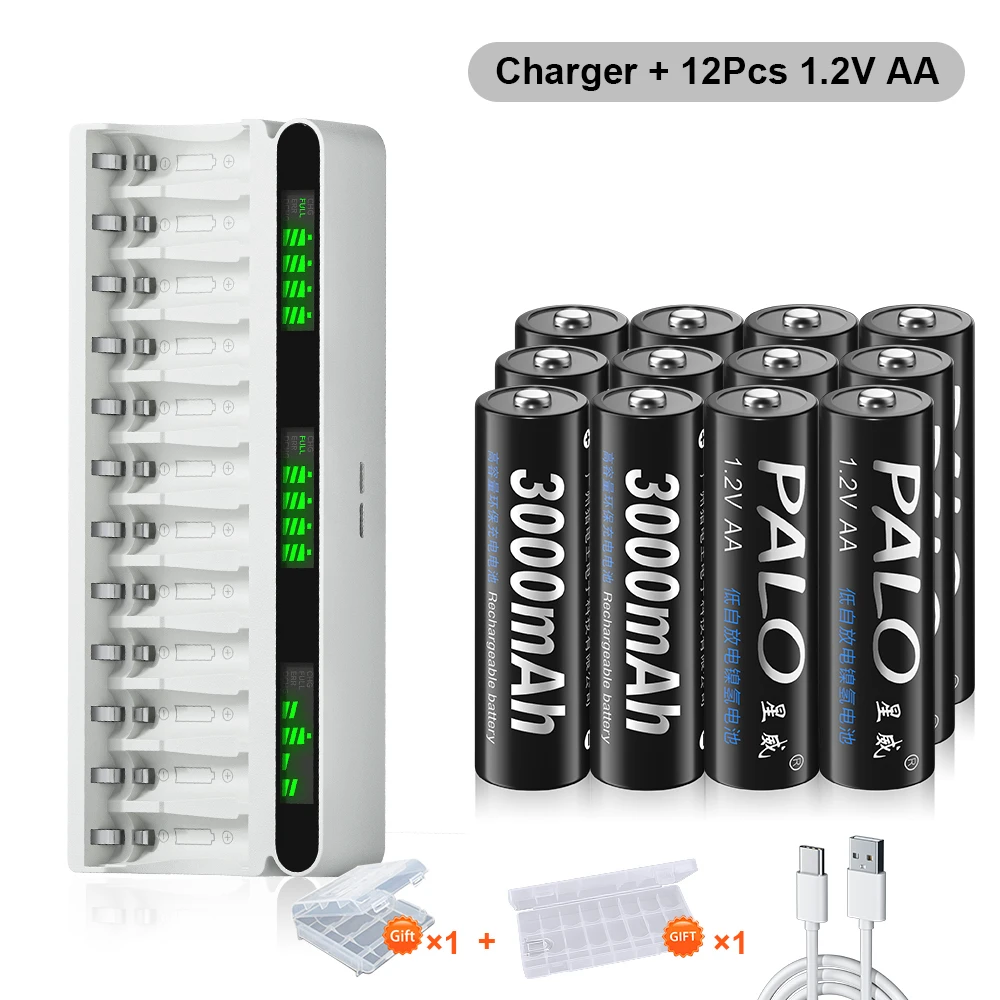 

PALO 1.2V NI-MH AA Rechargeable battery 3000mAh AA NIMH 2A Batteries+ 12 Slots LCD charger for 1.2V AA AAA Battery