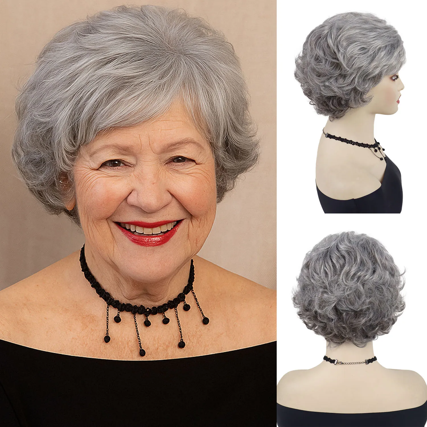 

Ombre Grey Wigs for Women Synthetic Short Wig with Bangs Gray Hair Short Hairstyle Mommy Wig Granny Costume Daily Wear