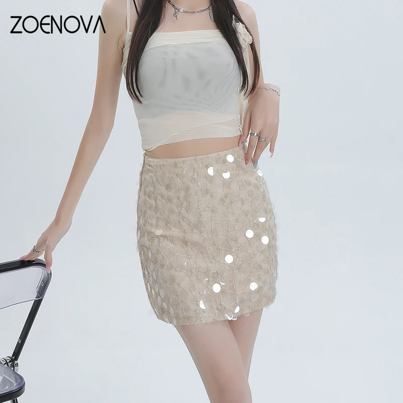 ZOENOVA Korean Fashion Ladies Elegant Sequined Skirt Summer Beach Party Casual Versatile High Waist Slim Sexy A-line Short Skirt