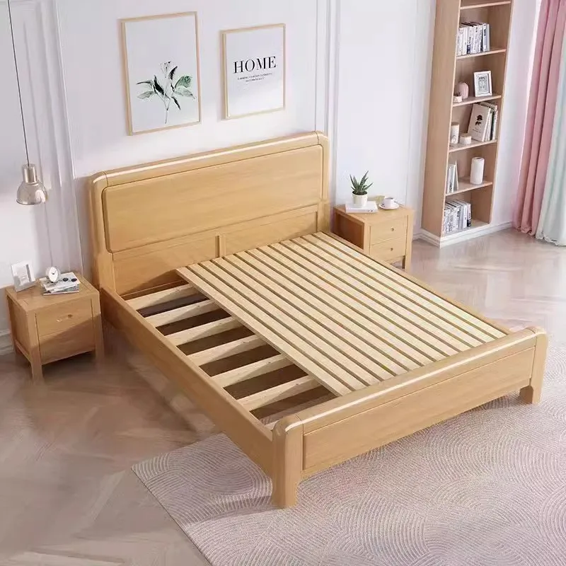 Solid wood bed Modern simple log Master bedroom Wedding sheet Double bed