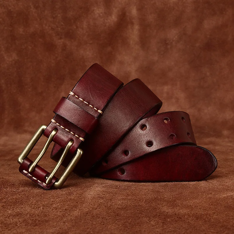 Width 3.8cm Men Belt Cowhide Retro Head Layer Copper Buckle Youth Jeans Factory Wholesale Leather Double Pin High Quality 2026