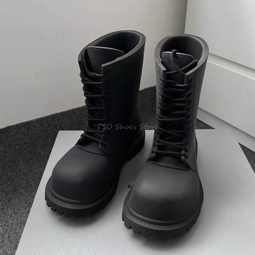 Thick Bottom Black Boots for Men New Women Derby Big Toe Lace Up Boots Chelsea Short Boots Brand Design Male Big Size 40-45