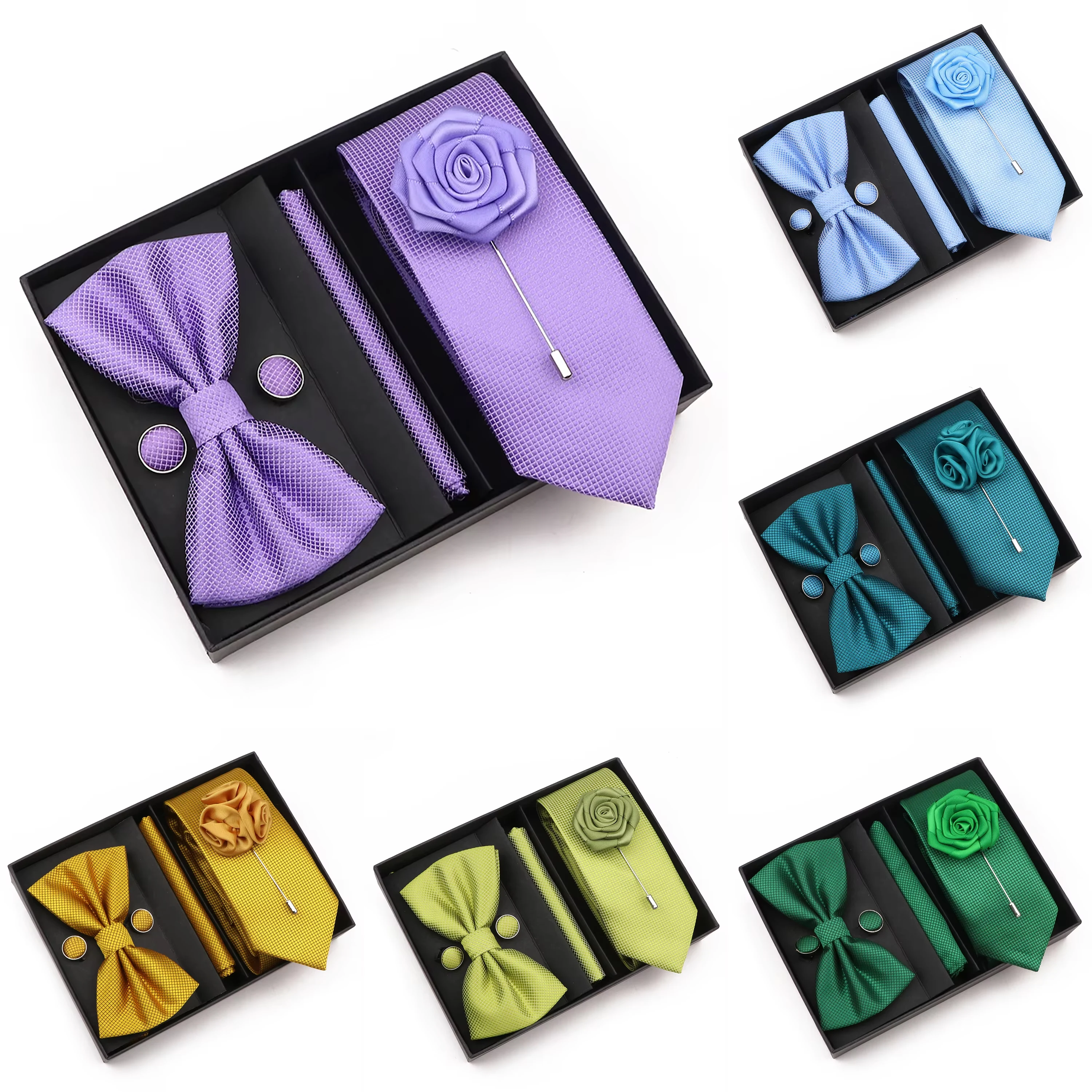 

Высококачественный комплект галстуков для мужчин, фиолетовый, синий, шалфей, зеленый, однотонный галстук, галстук-бабочка, запонки, брошь, костюм, свадебный аксессуар для жениха