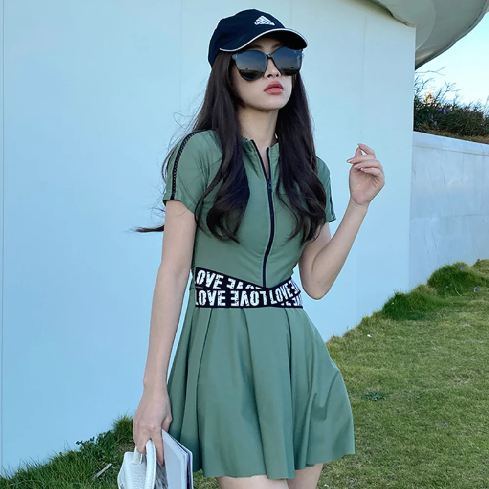 

Wisuwore South Korea Oversize Swimsuit Women's Conservative Skirt One Piece Sporty Style Coverup Hot Spring Swimsuit 2023 New