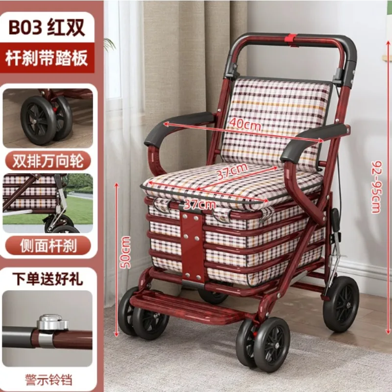Foldable Senior Walking Cart with Seat Portable Hand Push Trolley for Elderly Grocery Shopping Travel