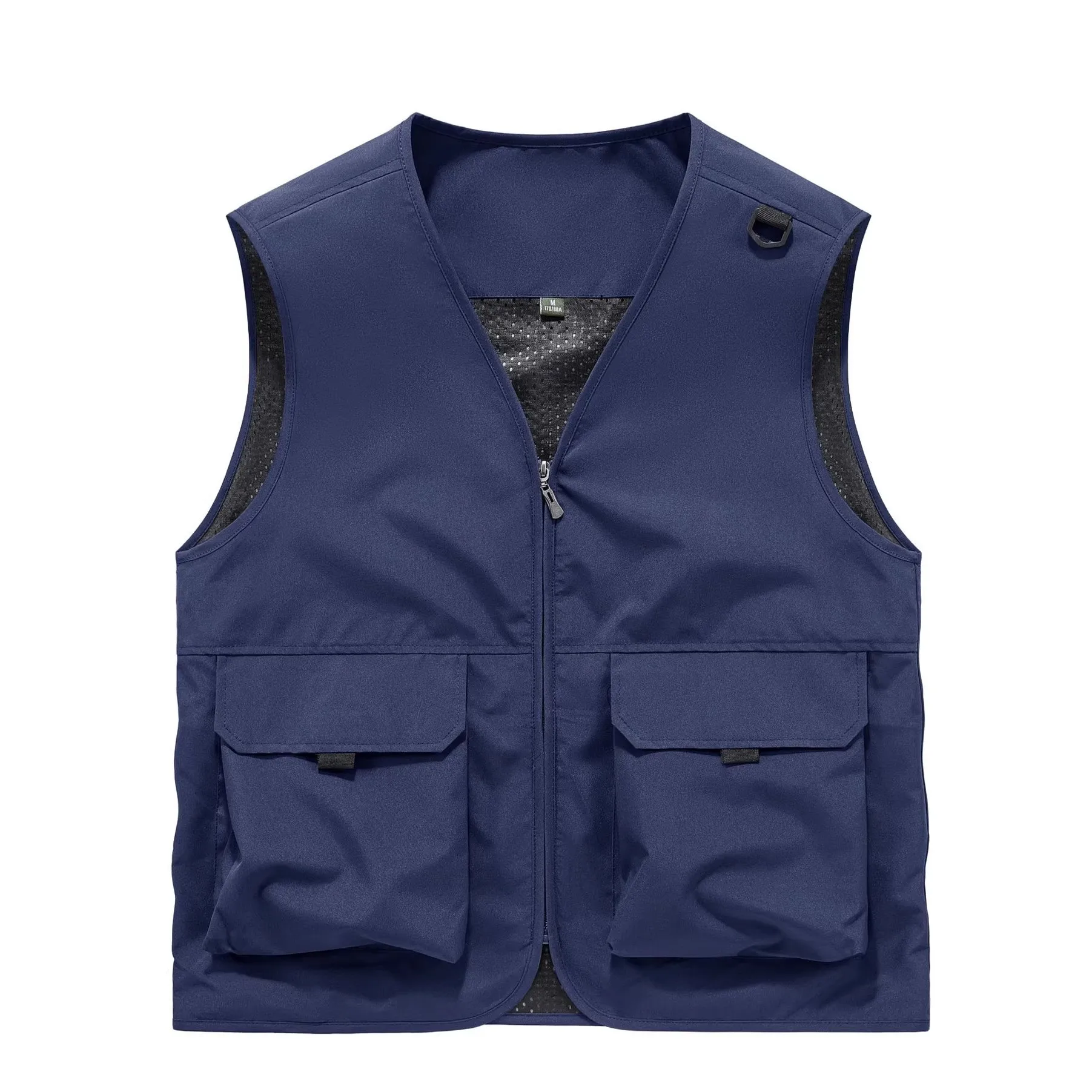 Plus Size Men Multi Pocket Work Vest V‑Neck Full‑Zip Mesh‑Lined Sleeveless Gilet Solid Color Windproof Outdoor Fishing Volunteer