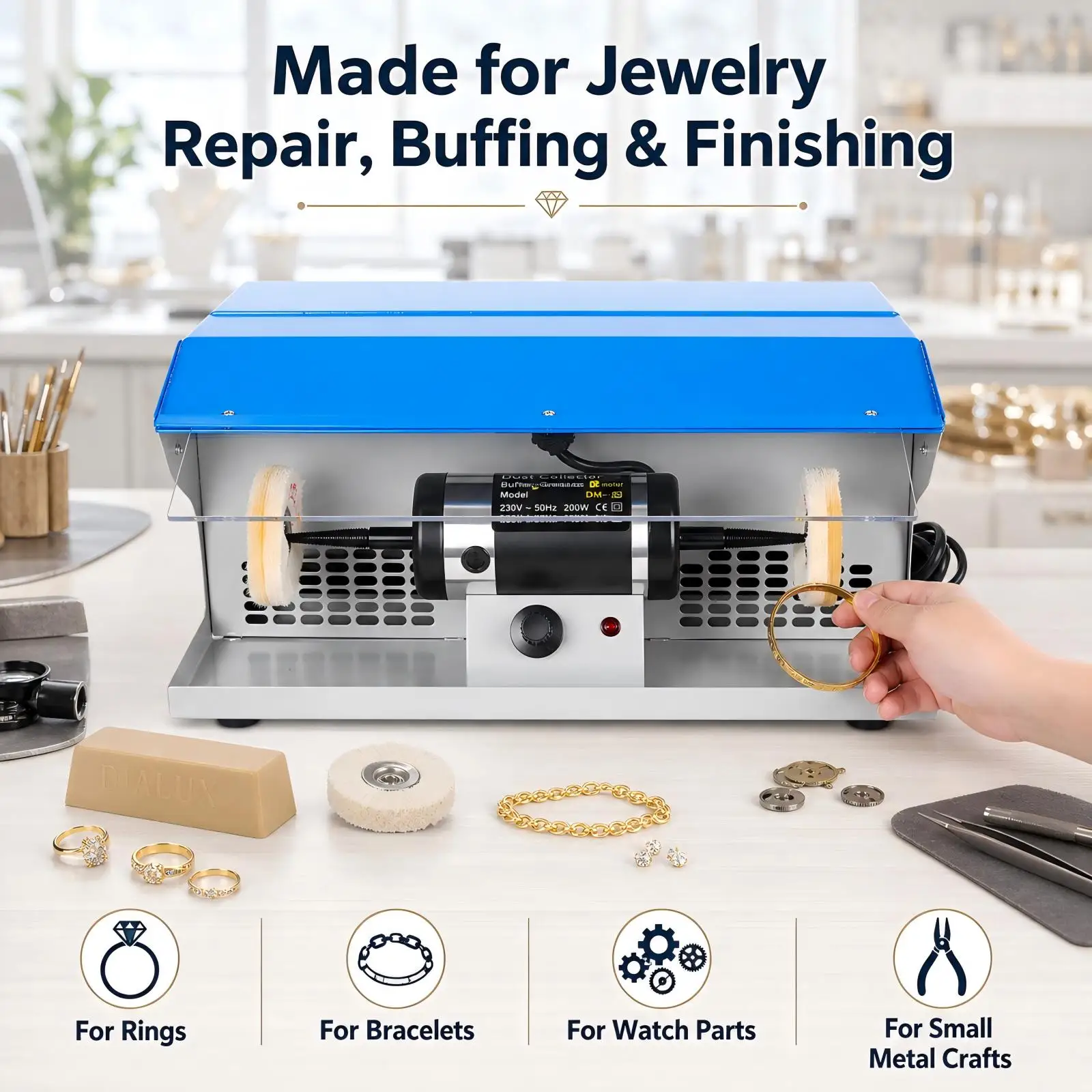 Bench Jewelry Polisher Machine With Dust Collector Mini Desktop Grinding Buffing Lathe Polishing Grinder Craft Workbench Equ