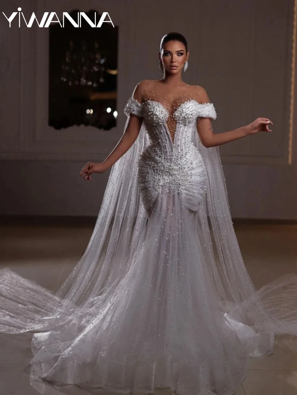 

Dreamy Exquisite Pearls Mermaid Long Wedding Dress Illusion Off Shoulder Bridal Gown Customized Charming Dresses For Bride