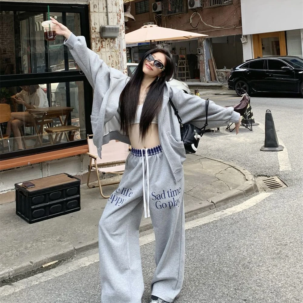 

Casual Sports Suit Women's Spring Loose Hooded Coat Elastic Waist Wide-leg Pants Two-piece Set Fashion Female Clothes