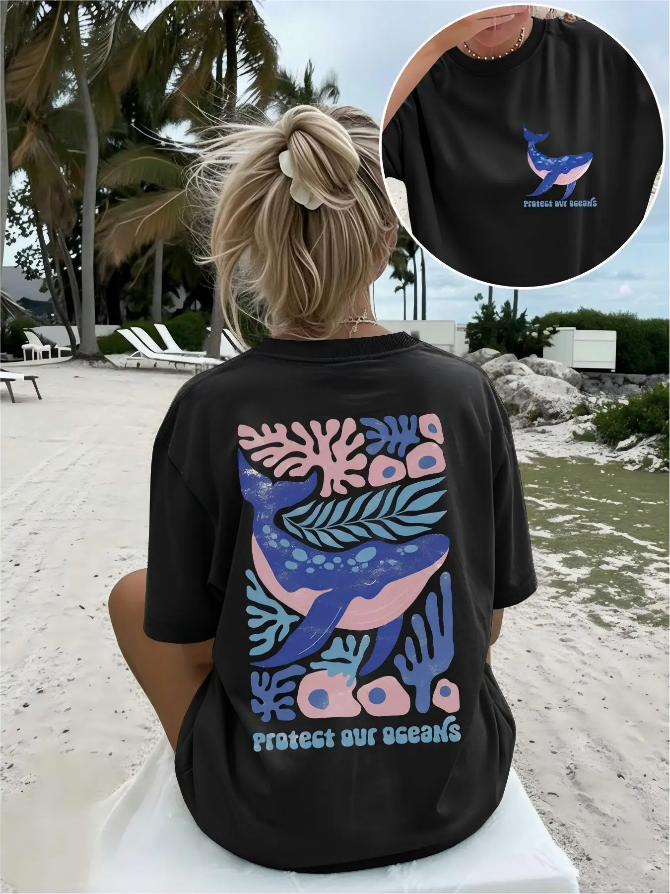 Aesthetic Blue Whale Printed Women T-shirt Sea Life Coral Tee Retro Harajuku Streetwear Short Sleeve Protect Our Oceans Eco Top