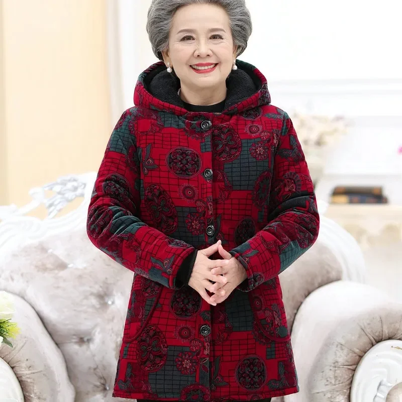 Grandma\'s Clothes Padded With Velvet Cotton-Padded Jacket\'s Elderly Women Wear Winter Medium Long Old Lady Corduroy Hooded Coat