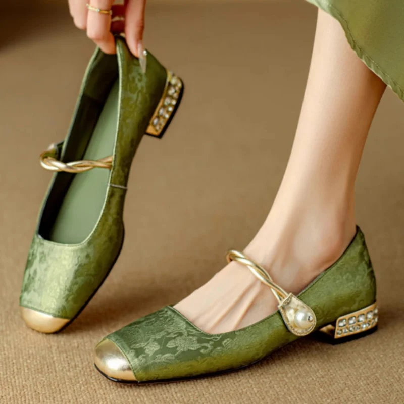 

Vintage Green Mary Jane Flats with Chinese Embroidery & Rhinestones, Oriental Aesthetic Low Heel Slippers for Women