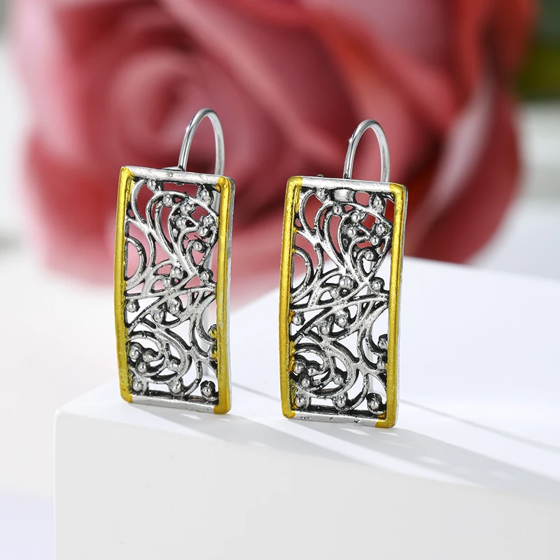 Vintage Silver Hollowed Out Patterned Gold Color Rimmed Earrings Women's Unique Charm Jewelry Holiday Party Accessories Gifts - view 4