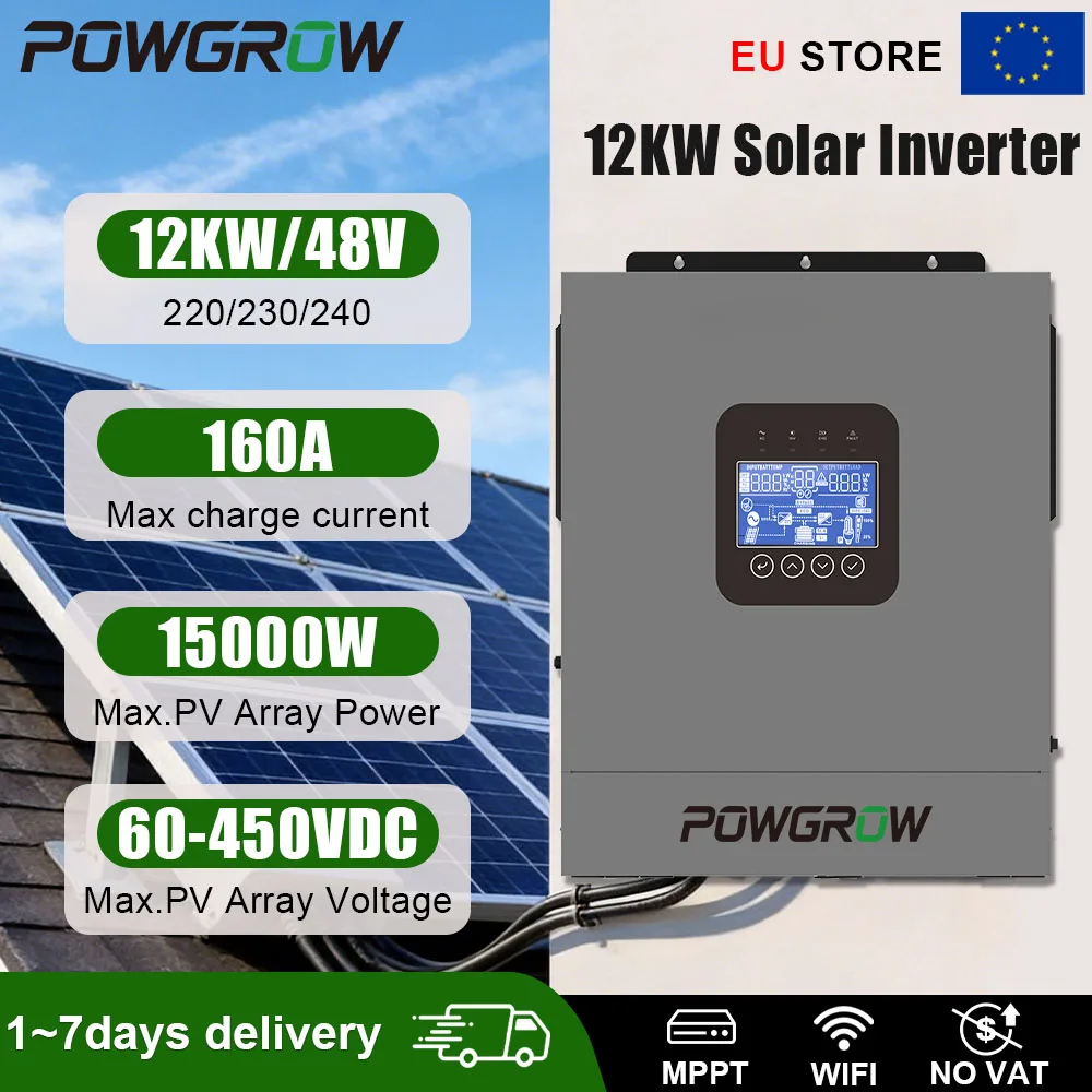 POWGROW 12KW 48V Hybride Omvormer Pure Sinusgolf Dubbele MPPT 60-450V 15000W PV Ingang 160A Max Laadpiek 24000W Schakeling 10ms Geen Batterij Nodig EU