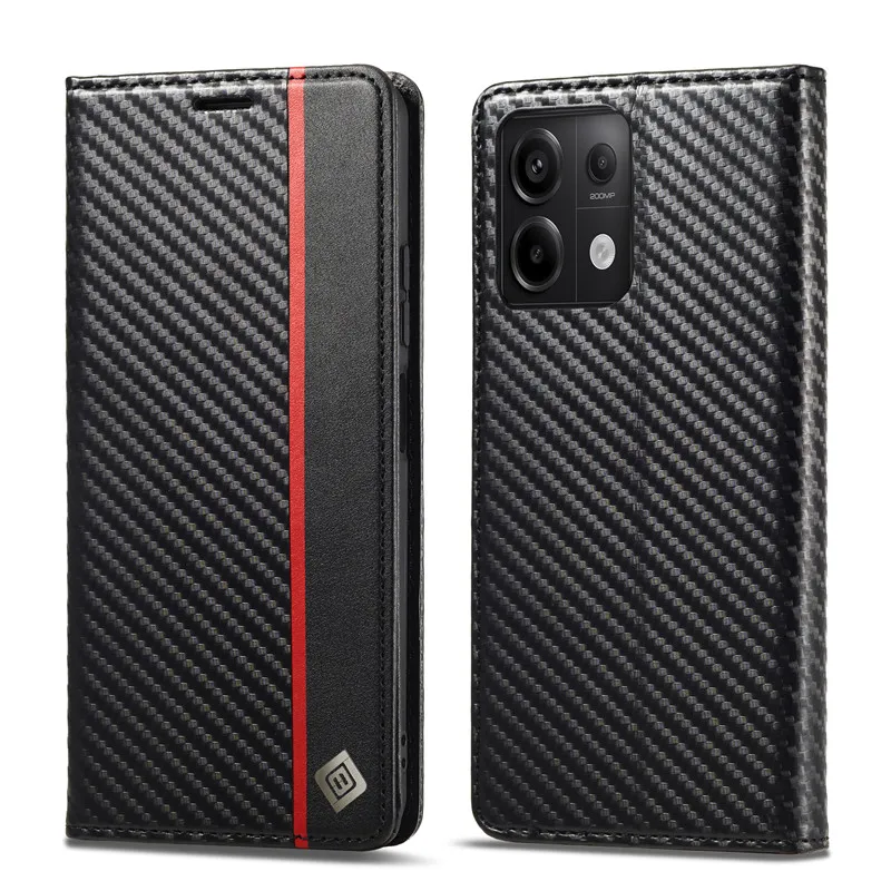 LC-imeeke Carbon Fiber Magnetic Wallet Case For Xiaomi Redmi 14C 13C 4G Note 13 12 Note12 Note13 Pro 5G Leather Flip Book Cover