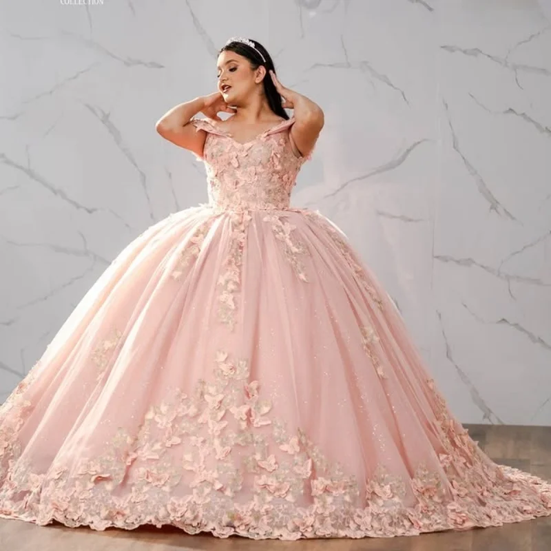 

Розовые платья Quinceanera по индивидуальному заказу с открытыми плечами, тюлевая аппликация в виде бабочки, кружевное платье Vestido De 15, Quinceanera