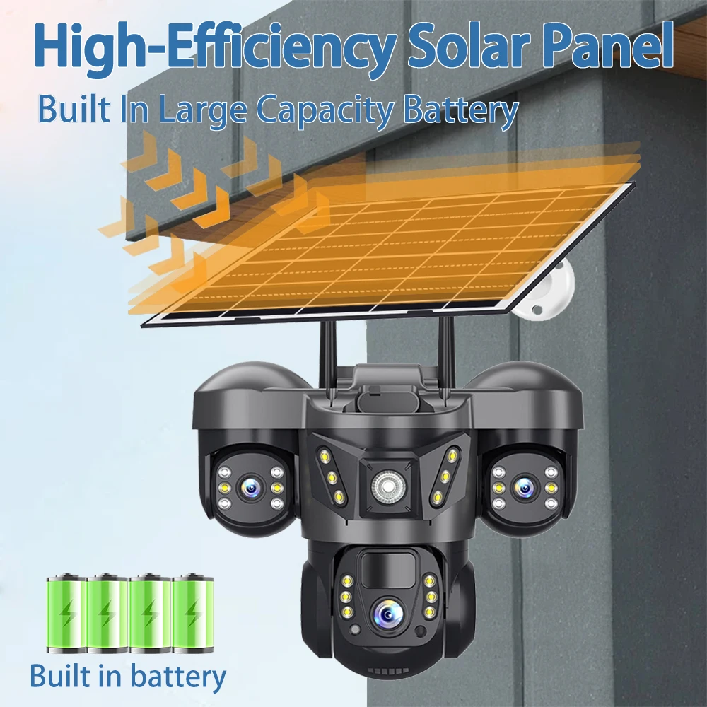 V380 PRO 4G Solar WiFi PTZ Security Camera 15MP HD Outdoor Triple Lens Three Screen CCTV with PIR Human Detection Monitor