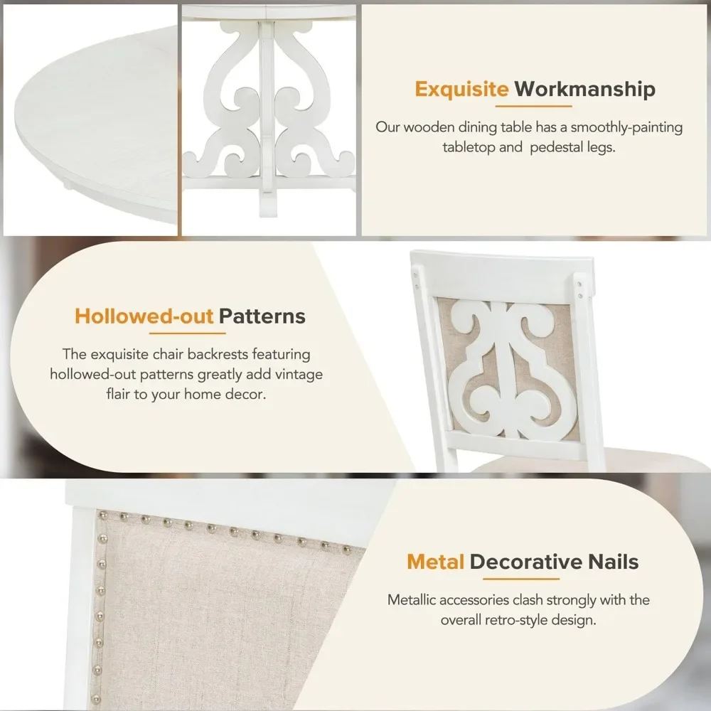 Conjunto de mesa de jantar de 5 peças, mesas extensíveis com folha de 16 polegadas e 4 cadeiras estofadas, conjunto de jantar funcional retrô