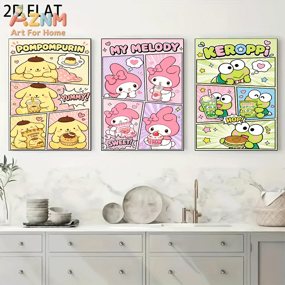 AZNM Pompompurin My Melody Keroppi Canvas Wall Art Unframed Cute Comic Style Print Poster Cake Milk Tea Sweet Food Design for Gi