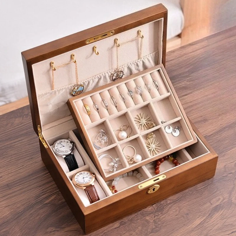 

Solid Wood Jewelry Storage Box Lock Large Capacity Jewelry Boxes Bracelet Necklace Hook Jewellery Case Rings Earring Organizer