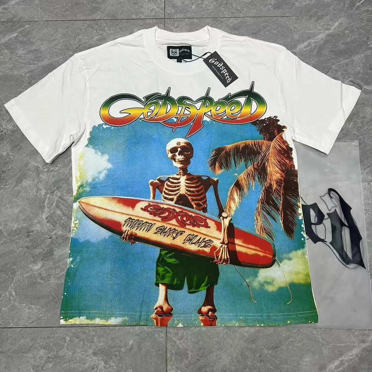 Godspeed Holiday Skeleton Print Cotton T-Shirt Loose Fit Short Sleeve Retro Streetwear Versatile Casual Unisex T-Shirt