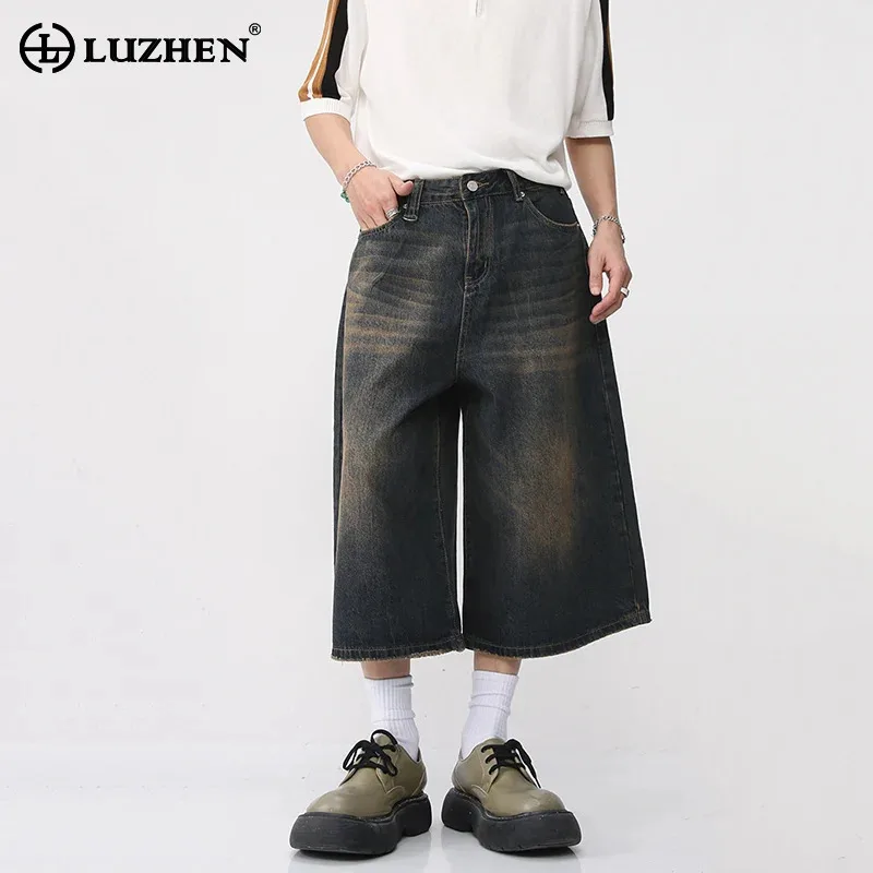 

LUZHEN Male Casual Loose Jeans Vintage Wide Leg Shorts New Washed Fashion Knee Length Denim Trouser 2024 New Streetwear LZ5370