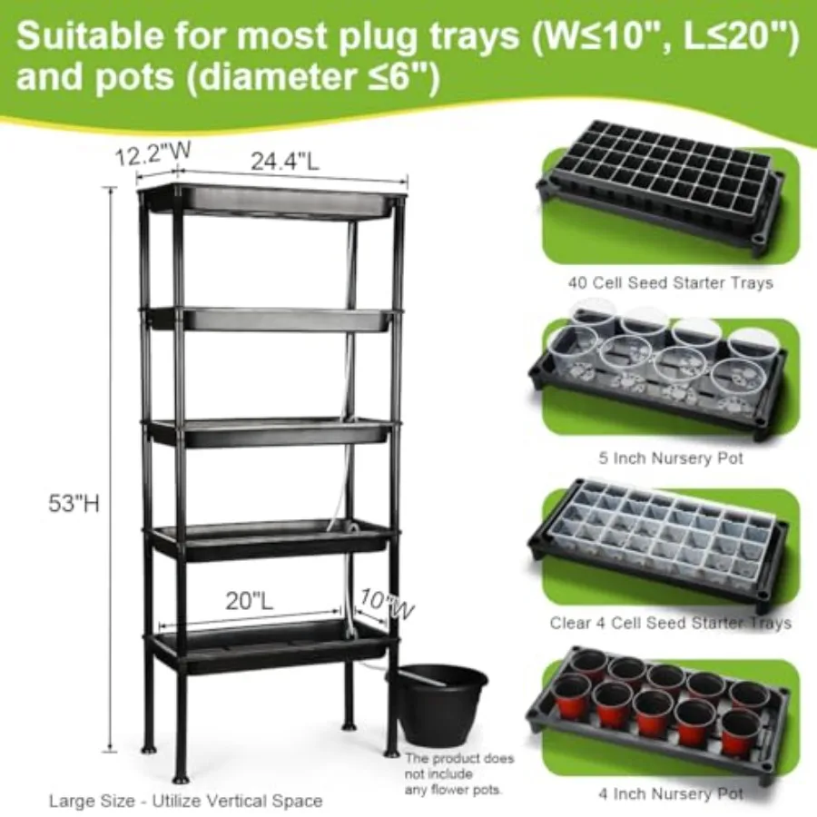 5-Tier hydroponics growing system for nursery cell trays and plant pots, ABS plastic, white, includes grow lights, pump, ebb an