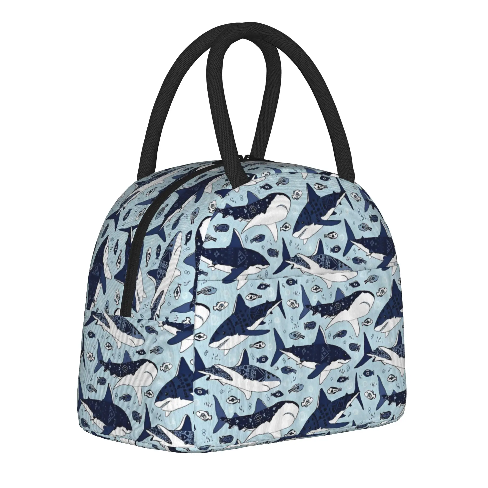 Sharks on Pale Insulated Lunch Bags Portable Starry Whale Sharks Reusable Cooler Bag Tote Lunch Box College  Picnic Bento Pouch