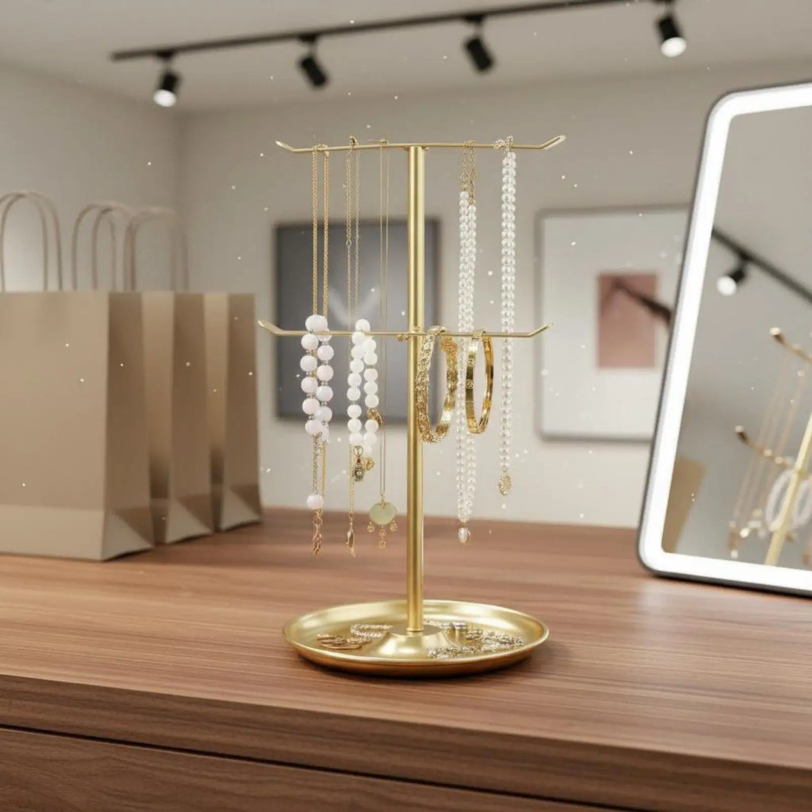 Jewelry Display Stand Space Saving Iron Jewelry Organizer Holder with Dual Rods and Tray for Jewelry Storage view 4