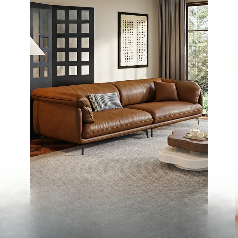 

Italian genuine leather retro sofa, small unit living room, simple modern straight row combination, three person seat