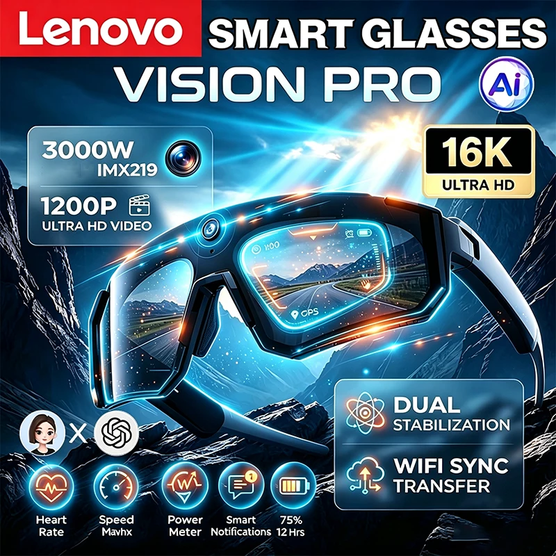 Lenovo AI Smart Glasses ChatGPT 16K Anti-shake Camera 3000W Cycling Video&Photo Sport Sunglasses DualMic 32GB Windproof Goggles