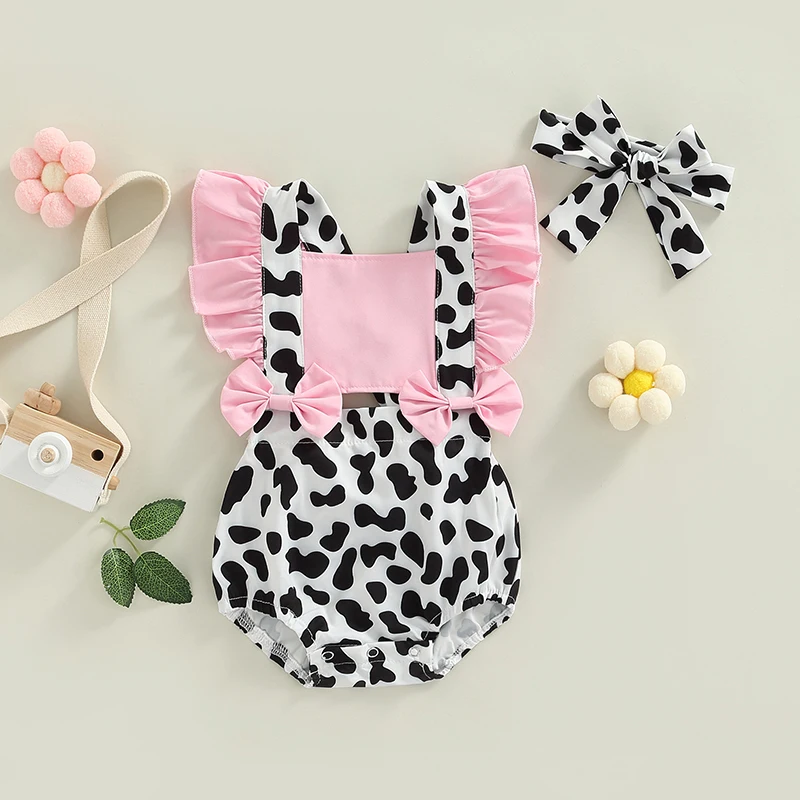 

Summer Baby Girls Romper Dress Infant Sweet Style Cow Print Splicing Bow Decoration Fly Sleeve Suspender Jumpsuit + Headwear Set