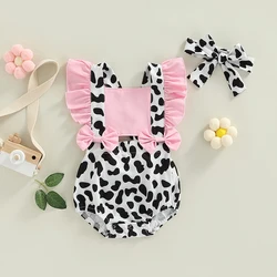 Summer Baby Girls Romper Dress Infant Sweet Style Cow Print Splicing Bow Decoration Fly Sleeve Suspender Jumpsuit + Headwear Set