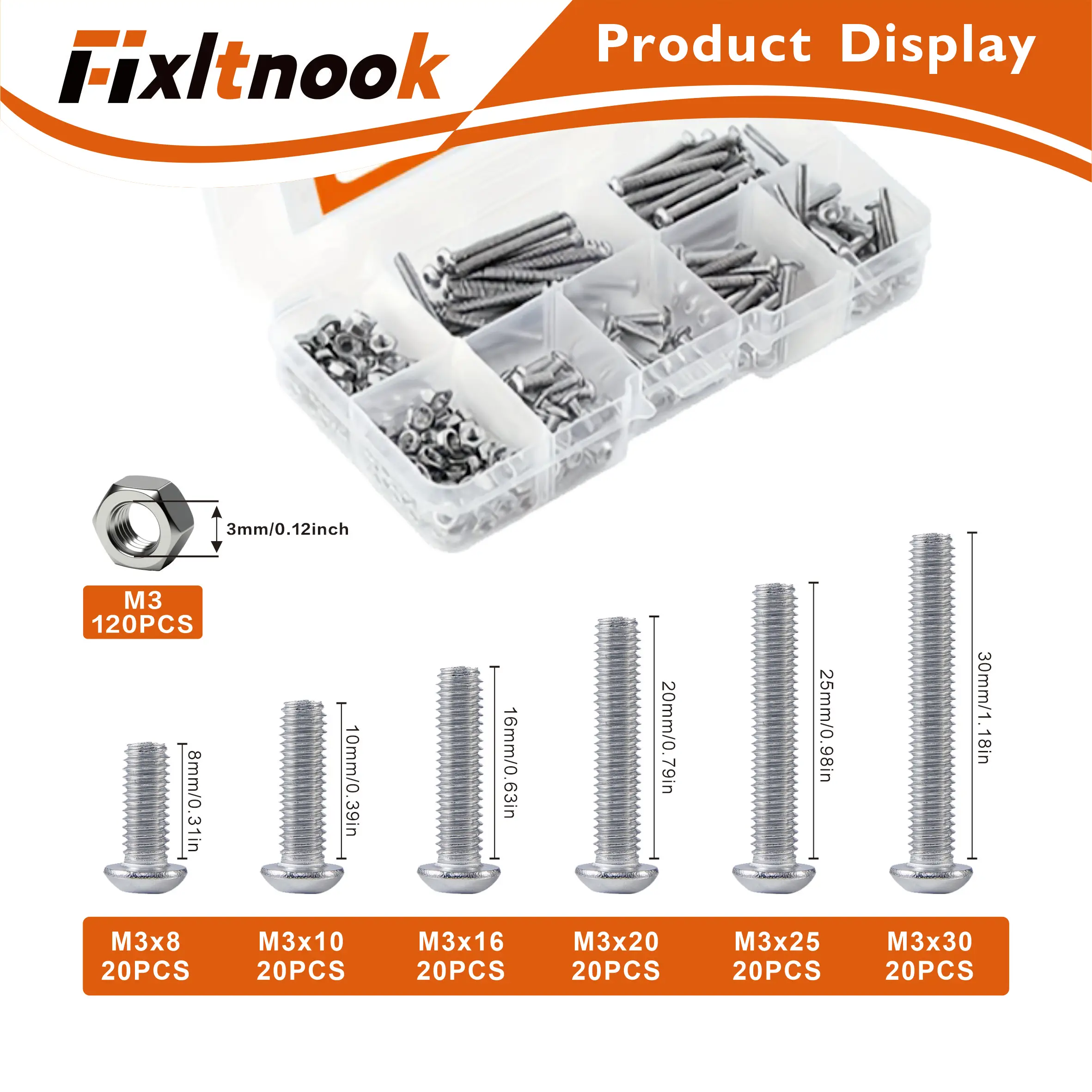 240개, 304 라운드 헤드 육각 소켓 볼트 조합 세트, M3 8mm-30mm 라운드 헤드 육각 소켓 나사 볼트