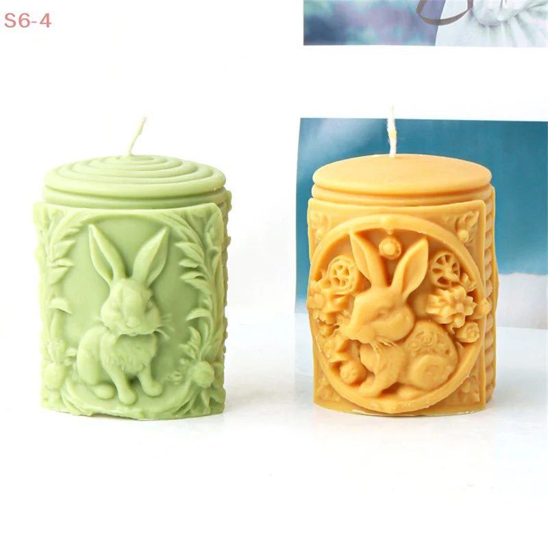 Cute Flower Bunny Carrot Cylinder Silicone Candle Mold - Embossed Rabbit Design for Aromatherapy Candle Making