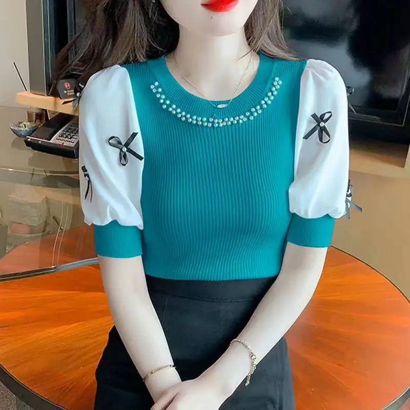 2025 Summer New Round Neck T-shirt Short Sleeve Women's Bow Thin Knitted Shirt Looks Fashionable, Elegant and Versatile Top