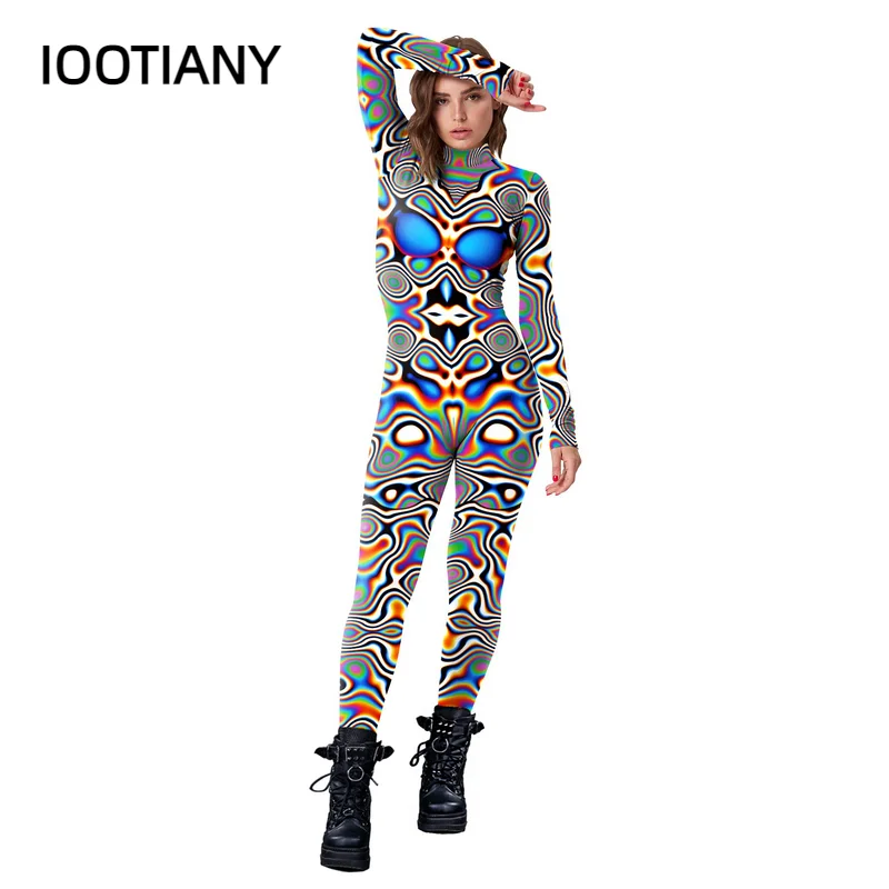 Halloween Cosplay Costumes for Women Carnival  Steampunkartistic Pattern Sexy Slim Jumpsuit Performance Zentai Bodysuit