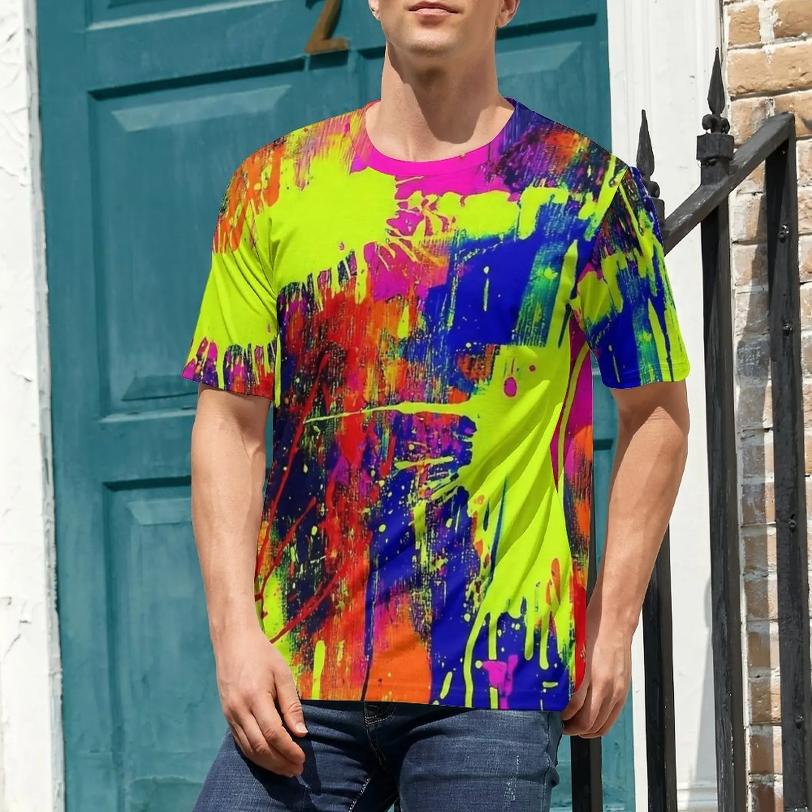Male Neon Splash Pop Print T Shirt  Retro T Shirts Short-Sleeve Custom Tops Hot Summer Casual Big Size Clothes