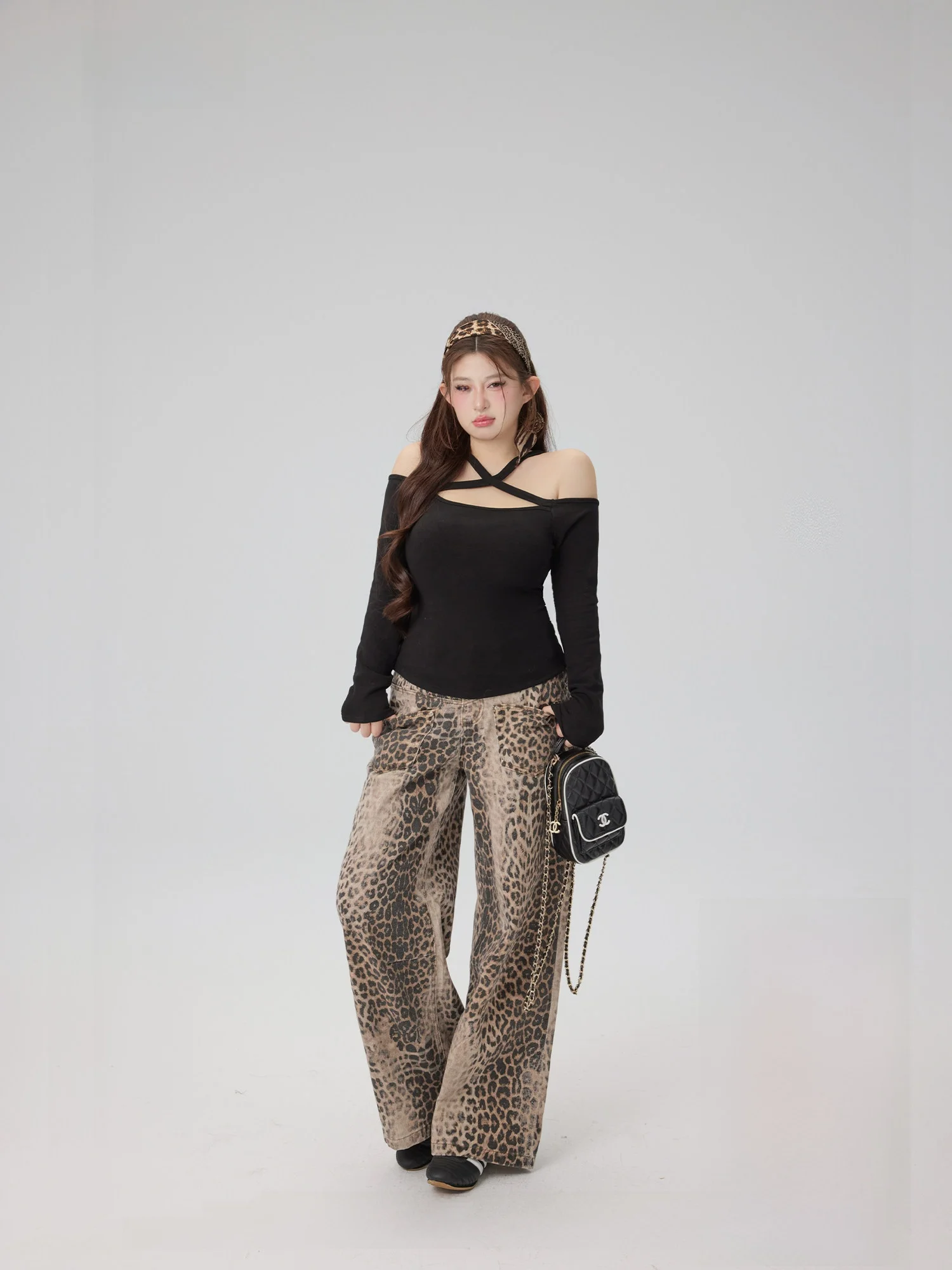 

plus Size Denim Jeans White Leopard Print Patchwork Casual Pants Women's Spring Fashion High Waist Straight Leg Jeans